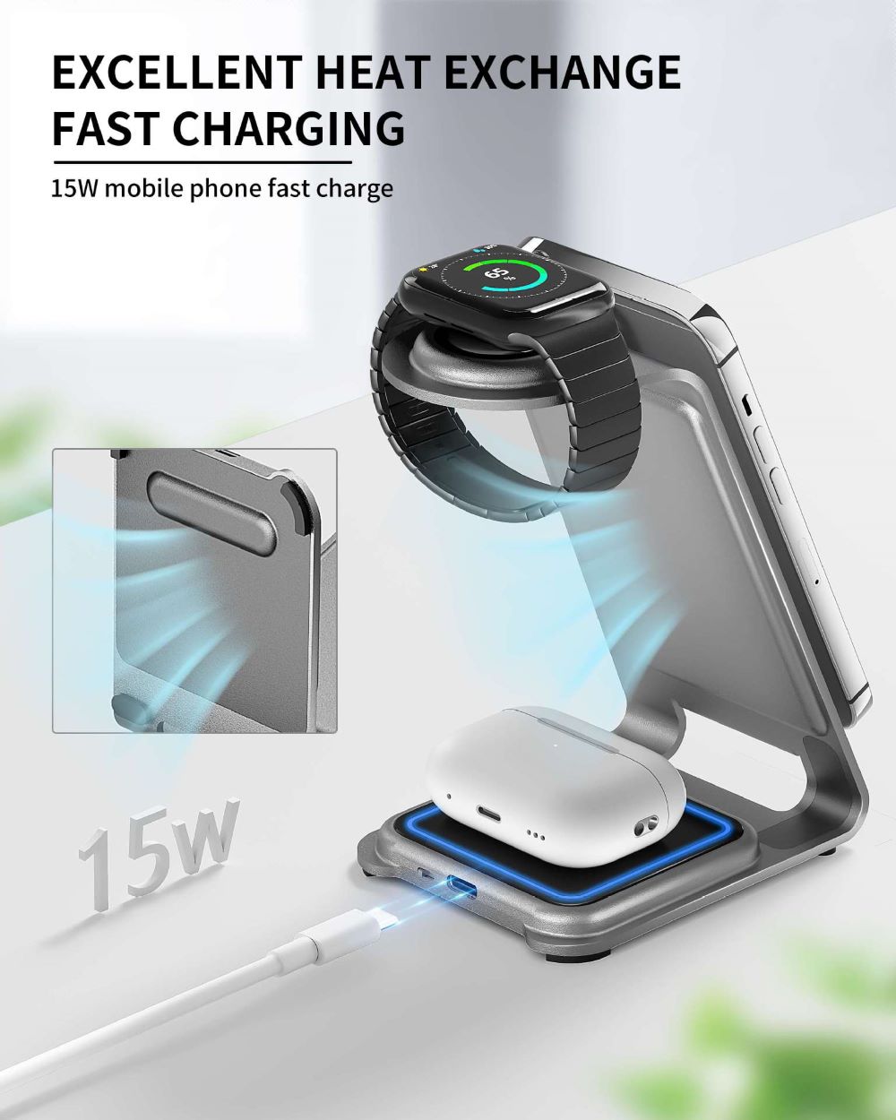 3 in 1 Aluminium Wireless Charger Dock for Iphone - Apple Watch & AirPods - Strapsology